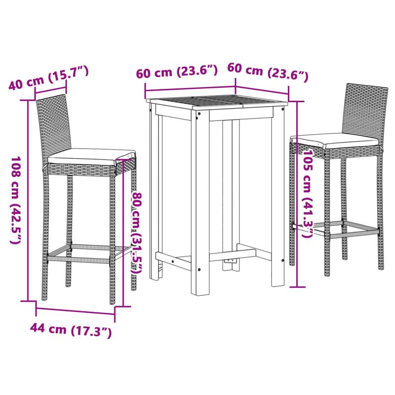 Casa si Gradina - Gradina si terasa - Mobilier exterior - Seturi mobila gradina - Set bar de gradina, 3 piese, gri, lemn masiv acacia/ poliratan - Infinity.ro
