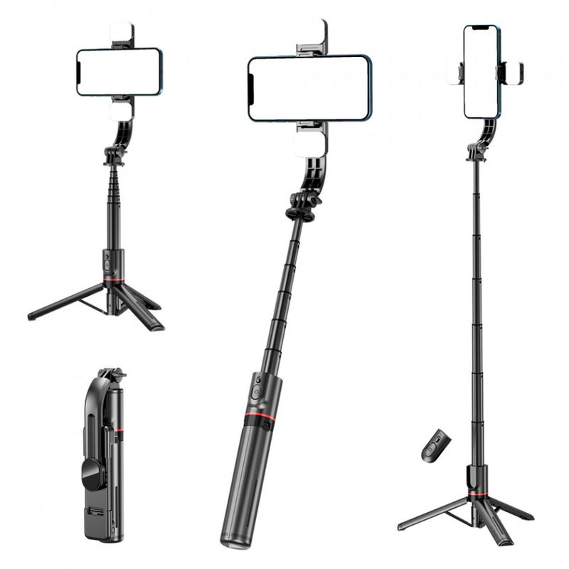 Laptop, Telefoane si Tablete - Telefoane mobile si accesorii - Accesorii Telefoane - Selfie stick-uri - Selfie Stick Stabil Wireless cu Lumina LED Detasabila, 108cm - Techsuit Tripod Mount LED (L12D) - Negru - Infinity.ro
