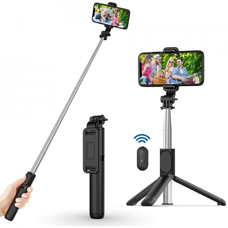 Laptop, Telefoane si Tablete - Telefoane mobile si accesorii - Accesorii Telefoane - Selfie stick-uri - Selfie Stick Stabil Albastrutooth, 101cm - Techsuit Remote and Tripod Mount (Q01) - Negru - Infinity.ro