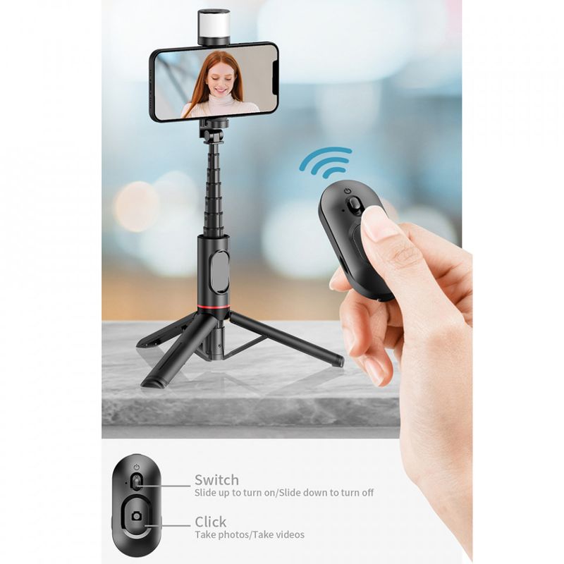 Laptop, Telefoane si Tablete - Telefoane mobile si accesorii - Accesorii Telefoane - Selfie stick-uri - Selfie Stick Stabil Wireless, 75cm - Techsuit LED Tripod (Q12S) - Negru - Infinity.ro