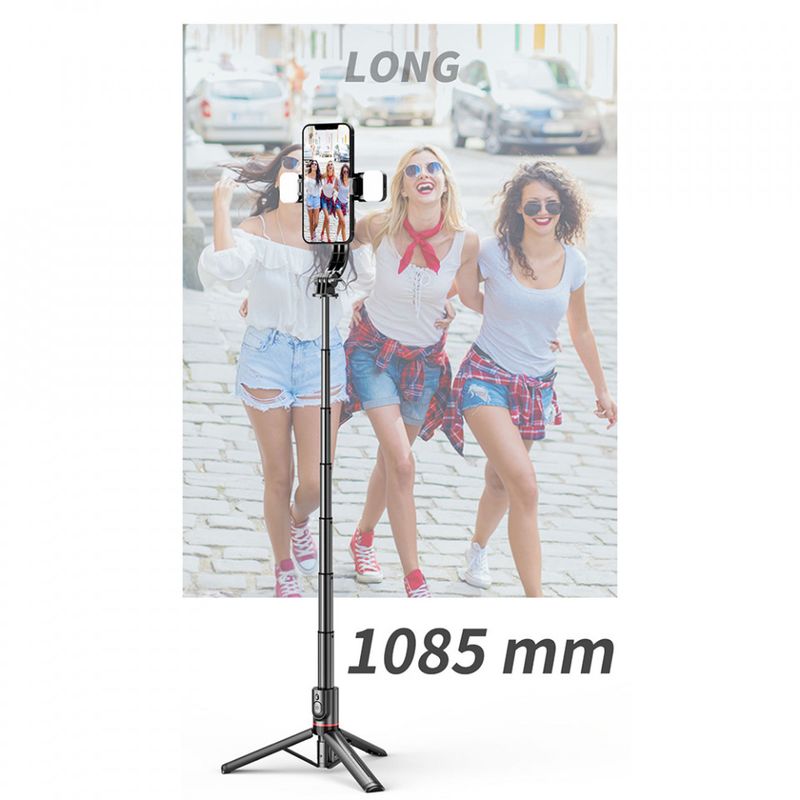 Laptop, Telefoane si Tablete - Telefoane mobile si accesorii - Accesorii Telefoane - Selfie stick-uri - Selfie Stick Stabil Wireless cu Lumina LED Detasabila, 108cm - Techsuit Tripod Mount LED (L12D) - Negru - Infinity.ro