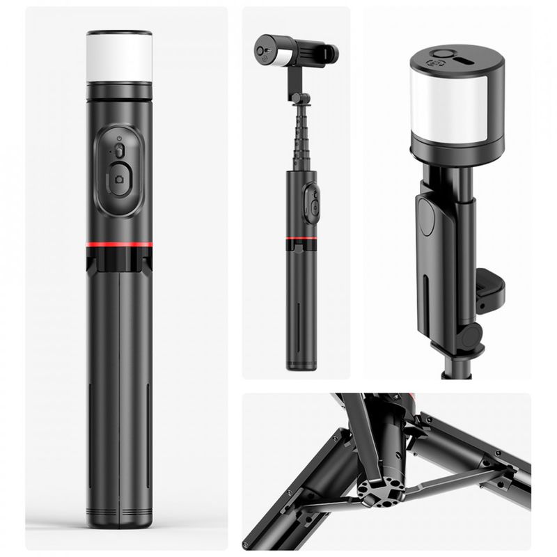 Laptop, Telefoane si Tablete - Telefoane mobile si accesorii - Accesorii Telefoane - Selfie stick-uri - Selfie Stick Stabil Wireless, 75cm - Techsuit LED Tripod (Q12S) - Negru - Infinity.ro