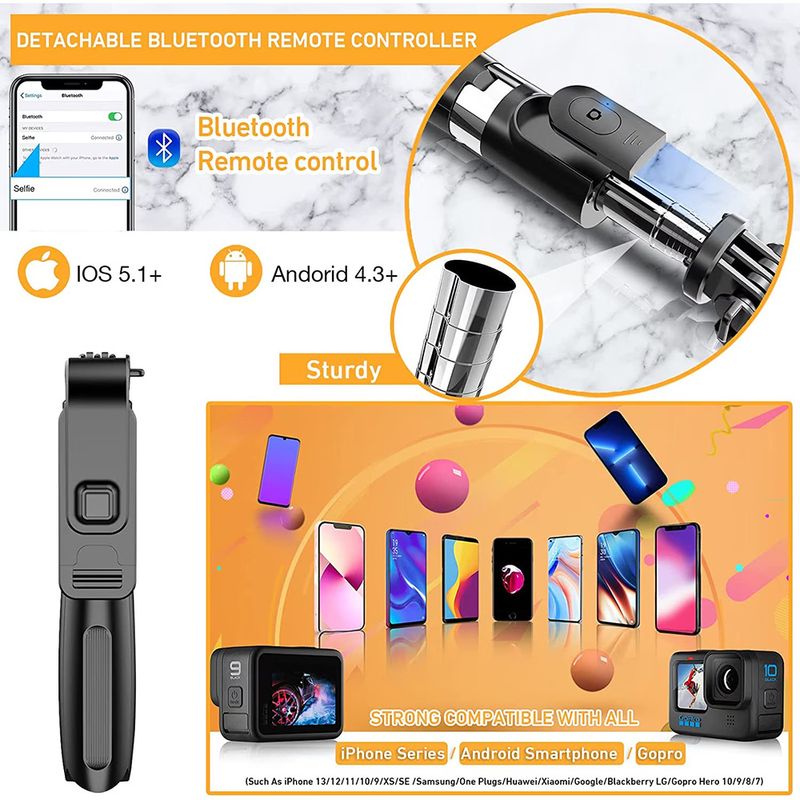 Laptop, Telefoane si Tablete - Telefoane mobile si accesorii - Accesorii Telefoane - Selfie stick-uri - Selfie Stick cu Trepied, Compatibil cu Camera/Telefon, 100cm - Techsuit (L02) - Negru - Infinity.ro