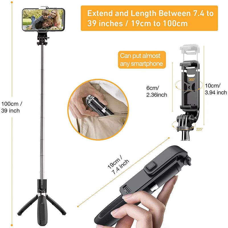Laptop, Telefoane si Tablete - Telefoane mobile si accesorii - Accesorii Telefoane - Selfie stick-uri - Selfie Stick cu Trepied, Compatibil cu Camera/Telefon, 100cm - Techsuit (L02) - Negru - Infinity.ro