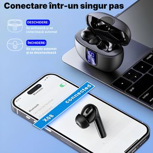Casti wireless audio in ear, Bluetooth 5.2, Control prin Atingere, Rezistente la Apa, True Wireless, Afisare LED, Negru