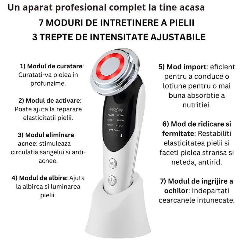 Ingrijire personala si Cosmetice/Aparate & accesorii ingrijire personala/Aparate cosmetice/Aparate intretinere si ingrijire corporala - Aparat profesional pentru tratament facial si intretinerea pielii 7 in 1, Stimulare EMS, Masaj facial, Lifting, Alb - Infinity.ro