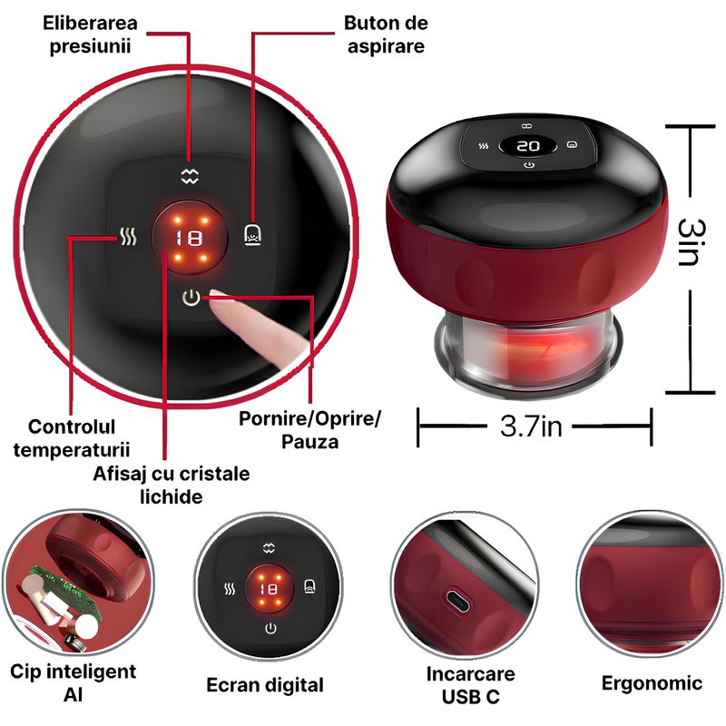 Ingrijire personala si Cosmetice - Sanatate si wellness - Articole wellness - Aparate si dispozitive de masaj - Aparat de Masaj Profesional tip Ventuza, Stimuleaza colagenul, Efect Anti Celulita, Relaxeaza Musculatura, Rosu - Infinity.ro