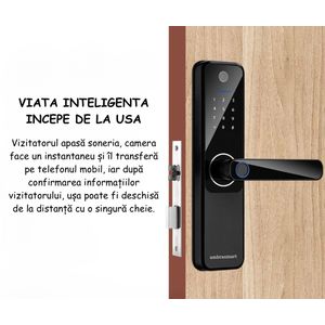Yala inteligenta cu cititor de amprente, card si parola, control de la distanta, cu sonerie si camera video inclusa