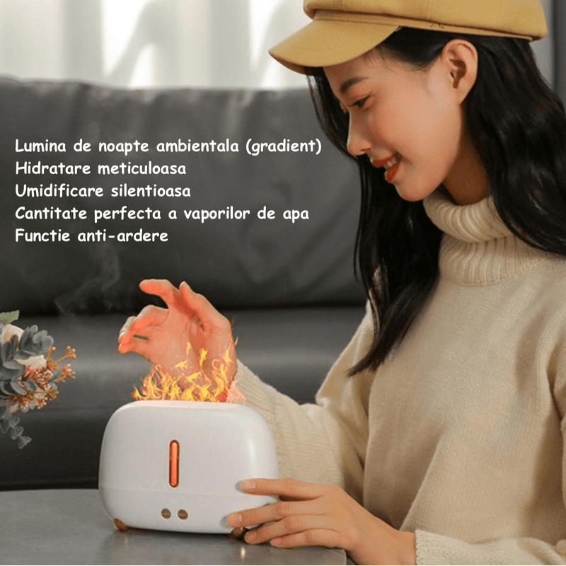 Electronice si Electrocasnice - Climatizare si sisteme de incalzire - Aparate filtrare aer - Umidificatoare - Umidificator Cu Flama si Lumini de noapte cu Difuzor de arome, Aparat pentru Uleiuri Esentiale, Flacara in 3 culori, Alb - Infinity.ro