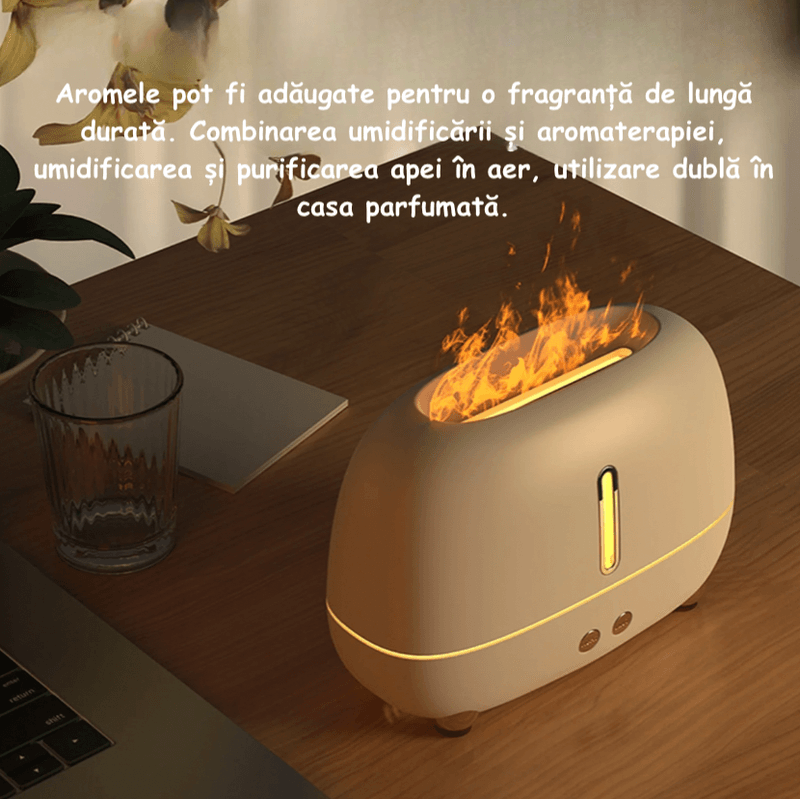 Electronice si Electrocasnice - Climatizare si sisteme de incalzire - Aparate filtrare aer - Umidificatoare - Umidificator Cu Flama si Lumini de noapte cu Difuzor de arome, Aparat pentru Uleiuri Esentiale, Flacara in 3 culori, Alb - Infinity.ro