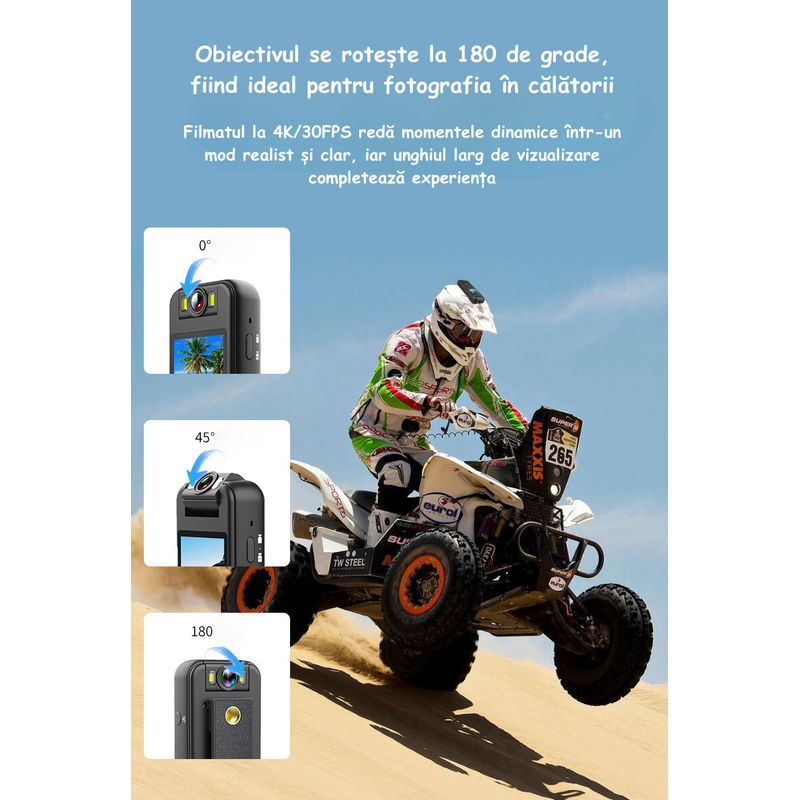 TV, Audio-Video si Foto - Camere video - Camere video compacte - Camera video sport HD, 4K, Rotire obiectiv la 180°, Portabila, Acces WiFi pe mobil, Negru, cu clip si suport ghidon - Infinity.ro