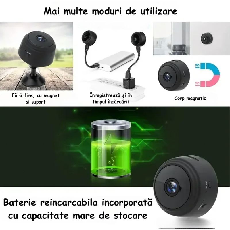 Casa si Gradina - Electrice - Smart Home - Camere de supraveghere - Mini Camera Spion ambrasmart, Suport magnetic, Night-Vision, Interior si exterior, Inalta definitie, fara fir, Negru - Infinity.ro