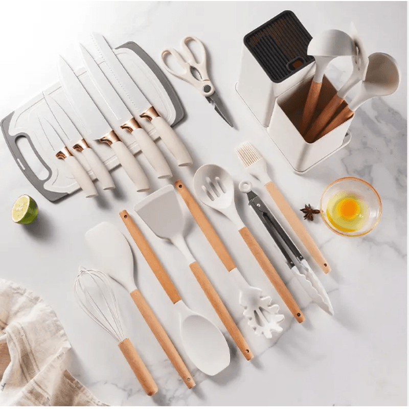 Casa si Gradina - Bucatarie si vesela - Ustensile bucatarie - Seturi ustensile de bucatarie - Ustensile Bucatarie Premium MOOD (BE AUTHENTIC), Set 19 Piese Silicon Alimentar/Lemn, Termorezistente/Antiaderente, ALB - Infinity.ro