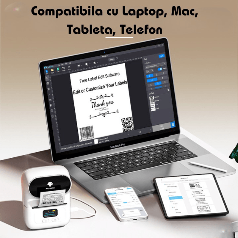 PC, gaming si accesorii - Imprimante, scanere & consumabile - Imprimante - Imprimante termice - Imprimanta termica portabila Bluetooth, 1500 mAh, cablu date, rola suport etichete - Infinity.ro