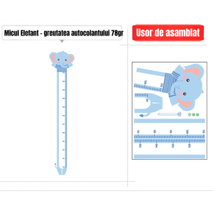 Sticker autocolant metru masurare inaltime copii, Elefant, diagrama inaltimii, albastru, 170cm