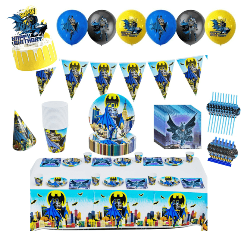 Casa si Gradina/Decoratiuni/Decoratiuni petrecere/Vesela pentru petrecere - Set 89 piese de vesela petrecere Batman pentru 10 copii, accesorii servire si decorarea mesei + 18 baloane, Multicolor - Infinity.ro