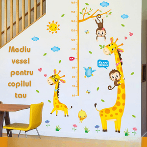 Sticker autocolant metru masurare inaltime copii, Paradisul Girafei, diagrama inaltimii, Galben, 180 cm, antadesim®