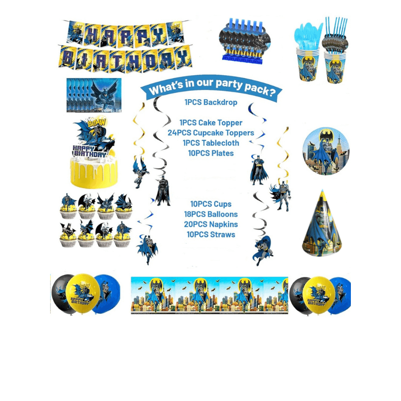 Casa si Gradina/Decoratiuni/Decoratiuni petrecere/Vesela pentru petrecere - Set 89 piese de vesela petrecere Batman pentru 10 copii, accesorii servire si decorarea mesei + 18 baloane, Multicolor - Infinity.ro