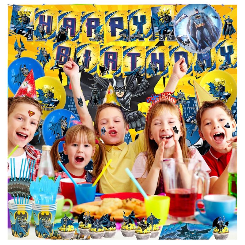 Casa si Gradina/Decoratiuni/Decoratiuni petrecere/Vesela pentru petrecere - Set 89 piese de vesela petrecere Batman pentru 10 copii, accesorii servire si decorarea mesei + 18 baloane, Multicolor - Infinity.ro