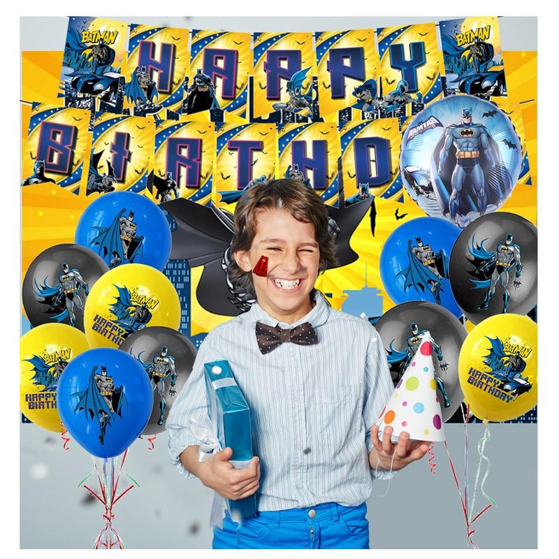 Casa si Gradina/Decoratiuni/Decoratiuni petrecere/Vesela pentru petrecere - Set 89 piese de vesela petrecere Batman pentru 10 copii, accesorii servire si decorarea mesei + 18 baloane, Multicolor - Infinity.ro