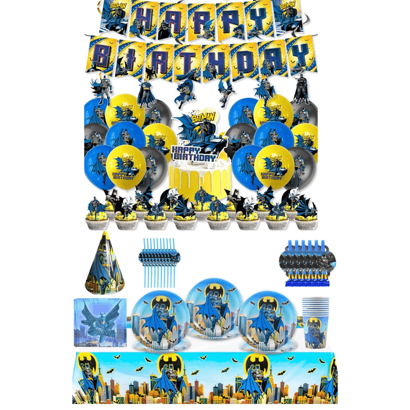 Casa si Gradina/Decoratiuni/Decoratiuni petrecere/Vesela pentru petrecere - Set 89 piese de vesela petrecere Batman pentru 10 copii, accesorii servire si decorarea mesei + 18 baloane, Multicolor - Infinity.ro