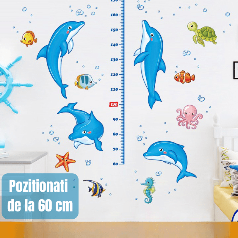 Casa si Gradina - Decoratiuni - Stickere decorative - Sticker autocolant metru masurare inaltime copii, Delfinul, Albastru, 180 cm, antadesim® - Infinity.ro