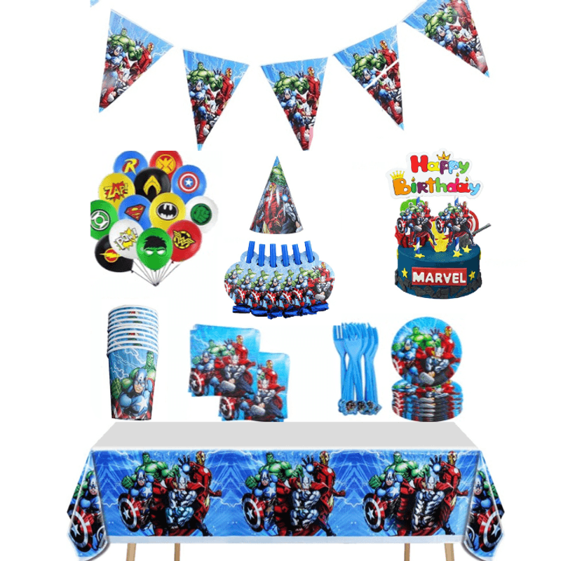 Casa si Gradina/Decoratiuni/Decoratiuni petrecere/Vesela pentru petrecere - Set vesela petrecere Avengers pentru 10 copii, accesorii pentru servirea si decorare mesei  + baloane, Albastru - Infinity.ro