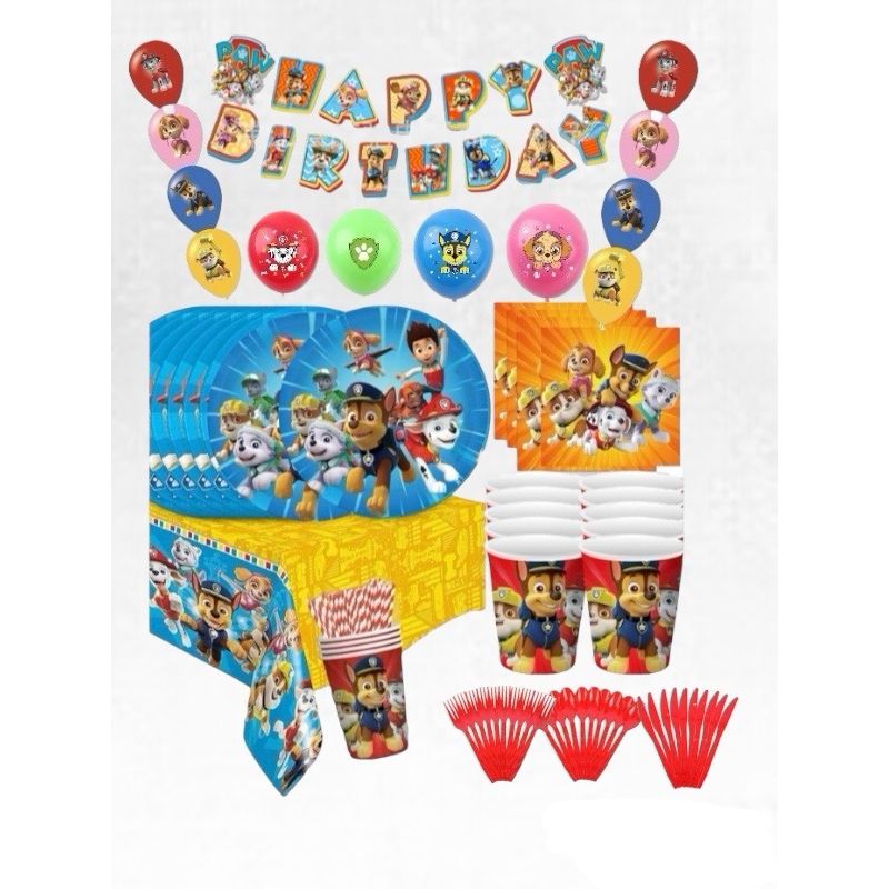 Casa si Gradina - Decoratiuni - Decoratiuni petrecere - Vesela pentru petrecere - Set 81 piese vesela petrecere Patrula Catelusilor pentru 10 copii, servirea si decorare mesei  + baloane, Albastru Rosu - Infinity.ro