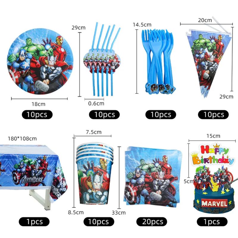 Casa si Gradina/Decoratiuni/Decoratiuni petrecere/Vesela pentru petrecere - Set vesela petrecere Avengers pentru 10 copii, accesorii pentru servirea si decorare mesei  + baloane, Albastru - Infinity.ro