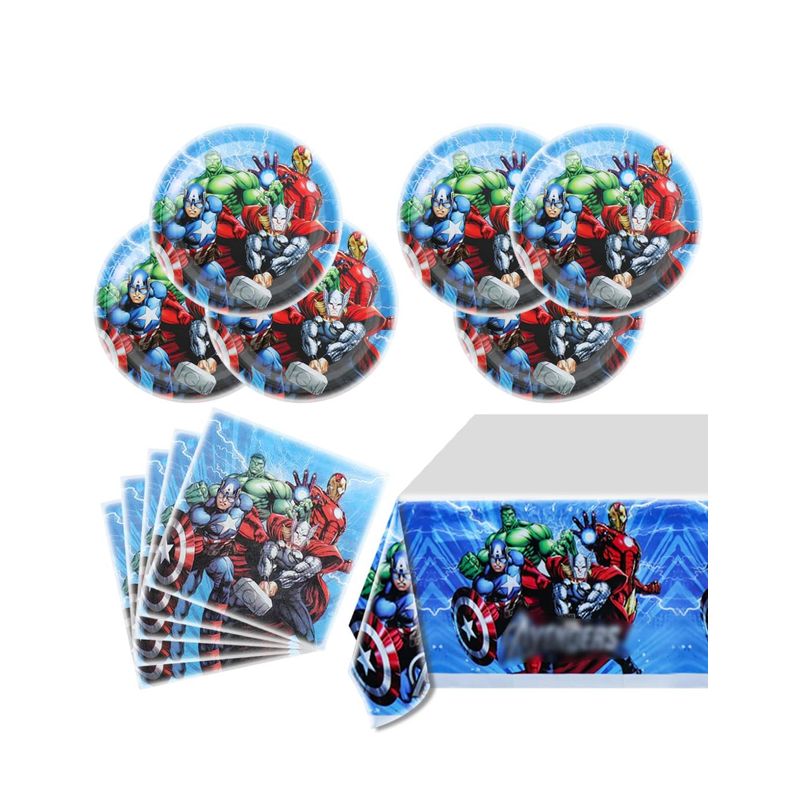 Casa si Gradina/Decoratiuni/Decoratiuni petrecere/Vesela pentru petrecere - Set vesela petrecere Avengers pentru 10 copii, accesorii pentru servirea si decorare mesei  + baloane, Albastru - Infinity.ro