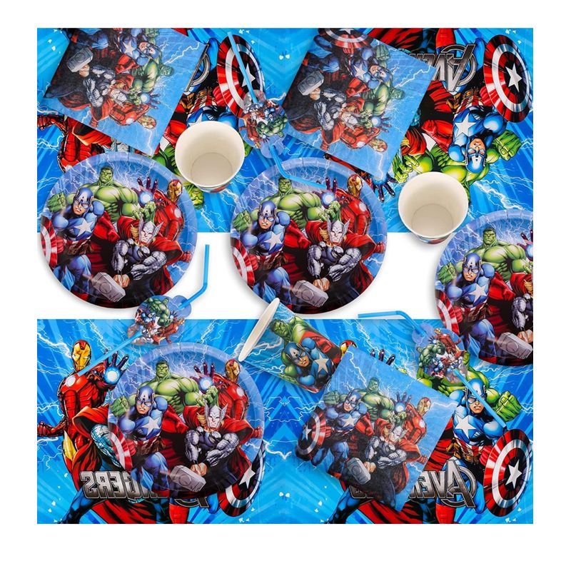 Casa si Gradina/Decoratiuni/Decoratiuni petrecere/Vesela pentru petrecere - Set vesela petrecere Avengers pentru 10 copii, accesorii pentru servirea si decorare mesei  + baloane, Albastru - Infinity.ro