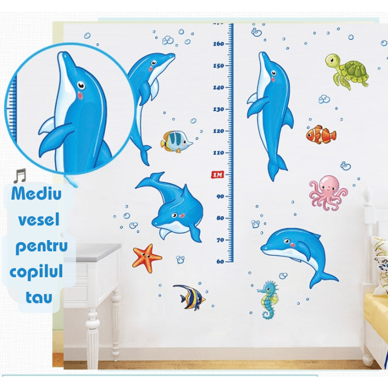 Casa si Gradina - Decoratiuni - Stickere decorative - Sticker autocolant metru masurare inaltime copii, Delfinul, Albastru, 180 cm, antadesim® - Infinity.ro