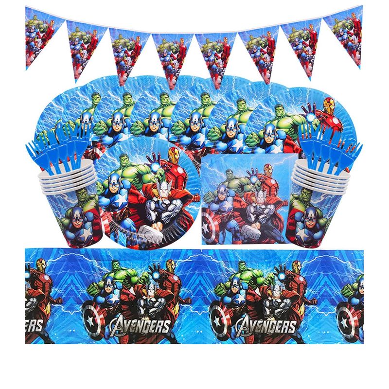 Casa si Gradina/Decoratiuni/Decoratiuni petrecere/Vesela pentru petrecere - Set vesela petrecere Avengers pentru 10 copii, accesorii pentru servirea si decorare mesei  + baloane, Albastru - Infinity.ro