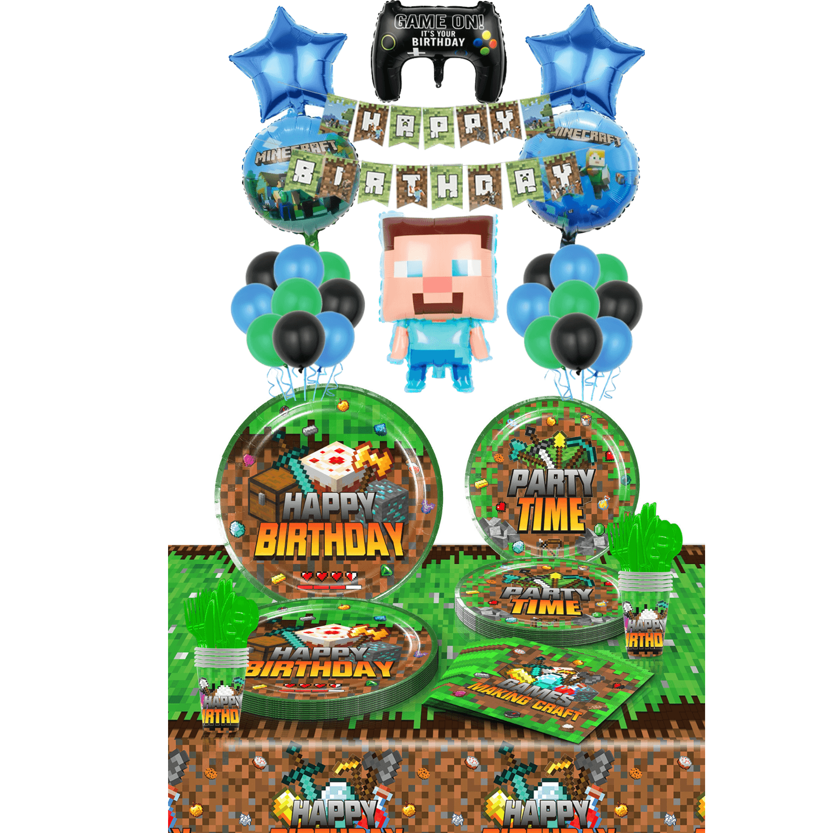 Set 81 piese vesela petrecere Minecraft pentru 10 copii, accesorii servire si decorarea mesei  + baloane,  Verde