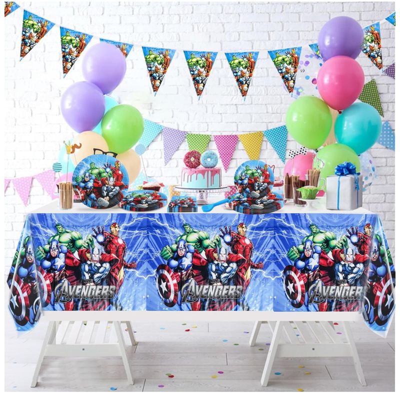 Casa si Gradina/Decoratiuni/Decoratiuni petrecere/Vesela pentru petrecere - Set vesela petrecere Avengers pentru 10 copii, accesorii pentru servirea si decorare mesei  + baloane, Albastru - Infinity.ro