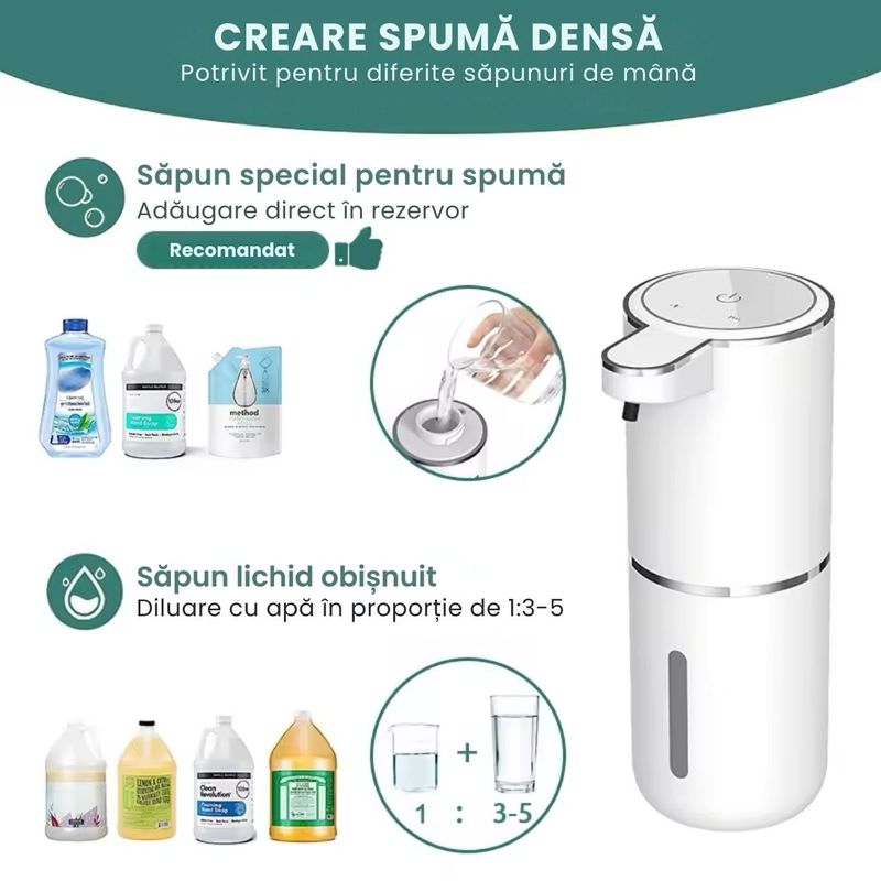 Casa si Gradina - Sanitare - Suporturi si accesorii baie - Dispensere - Dozator automat pentru sapun spuma sau lichid GAVIO®, senzor miscare, 4 trepte de dozare, 380 ml, incarcare USB, Alb - Infinity.ro