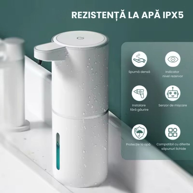 Casa si Gradina - Sanitare - Suporturi si accesorii baie - Dispensere - Dozator automat pentru sapun spuma sau lichid GAVIO®, senzor miscare, 4 trepte de dozare, 380 ml, incarcare USB, Alb - Infinity.ro
