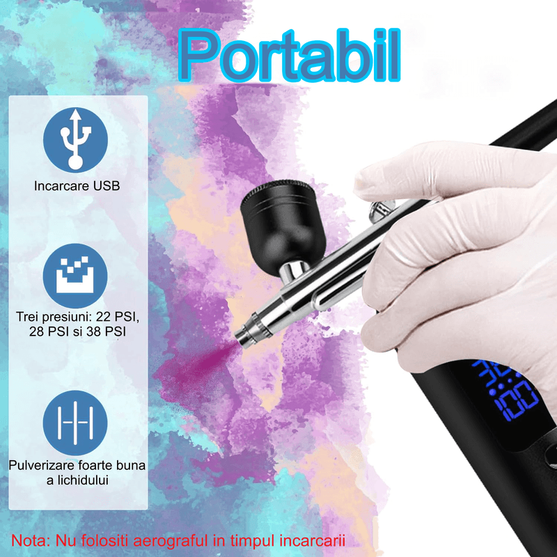 Casa si Gradina - Constructii - Vopsea si tencuieli - Pistoale si sisteme de vopsit si tencuit - Set aerograf cu compresor portabil si furtun extensibil detasabil, 38 PSI, pentru manichiura, machiaj si altele, negru - Infinity.ro