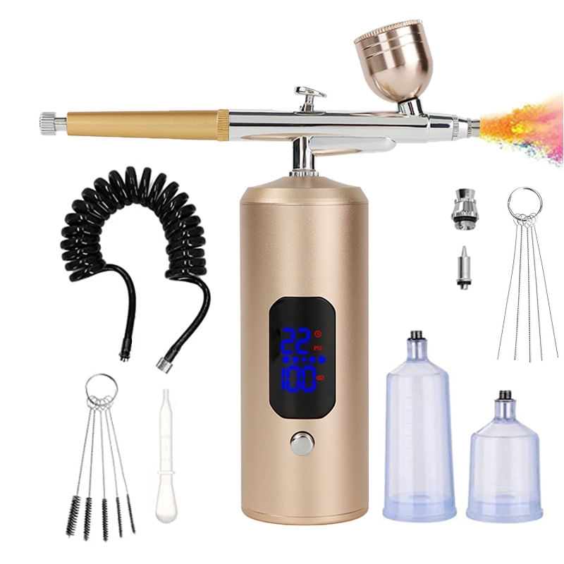 Casa si Gradina - Constructii - Vopsea si tencuieli - Pistoale si sisteme de vopsit si tencuit - Set aerograf cu compresor portabil si furtun extensibil detasabil, 38 PSI, pentru manichiura, machiaj si altele, auriu - Infinity.ro