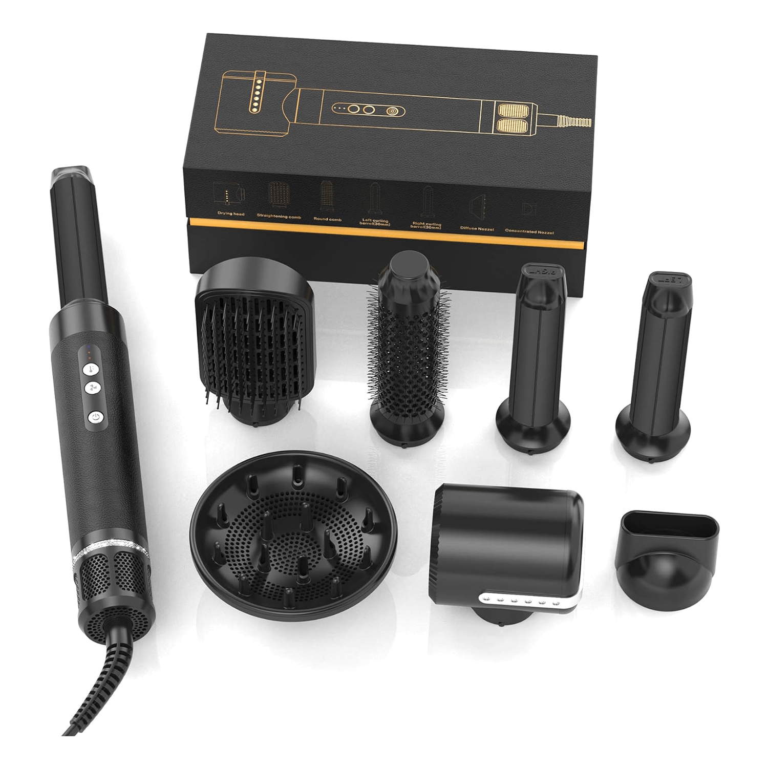 Uscator de par Profesional 7 in 1 ATOMKIT, 1400 W, Set Wrap Air Styler 110000 RPM, Negru cu diamante