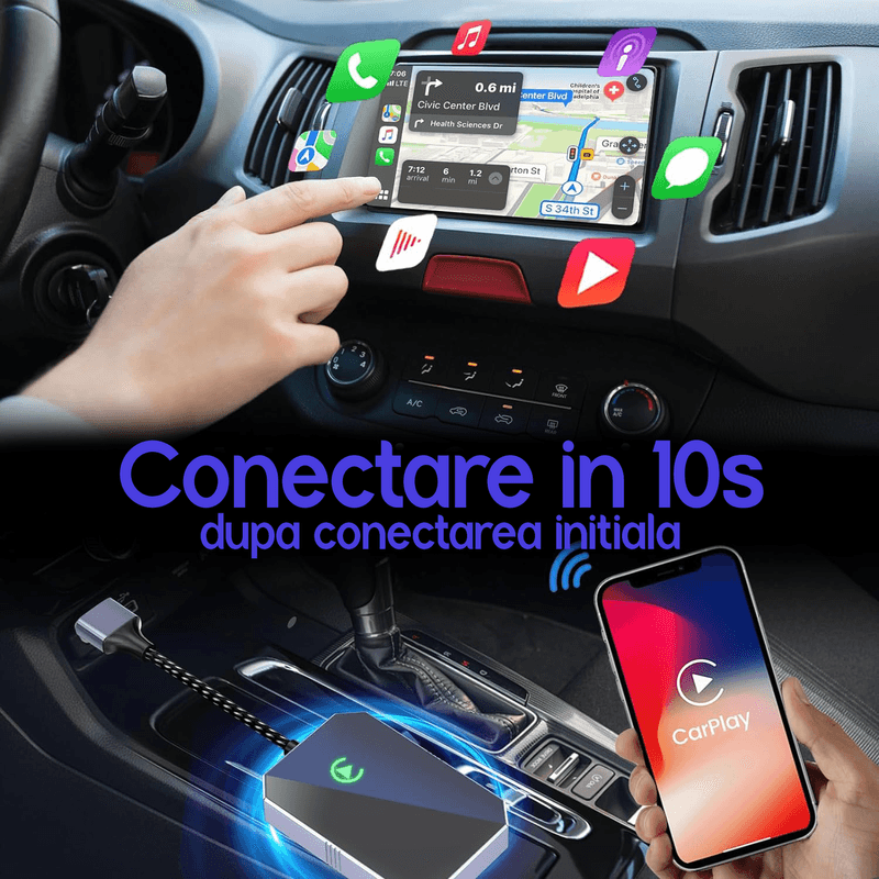 Auto si Moto - Electronice auto - Multimedia auto - Adaptor auto Wireless ATOMKIT, Android 11 si Modul Apple Carplay,2 in 1,Procesor AI, Conectare Automata, WiFi 5Ghz,Negru - Infinity.ro