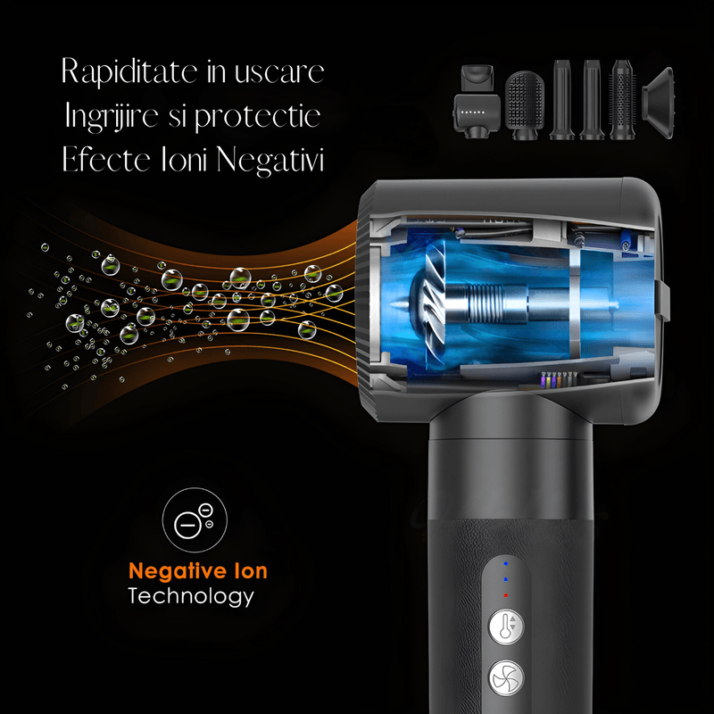 Ingrijire personala si Cosmetice - Aparate & accesorii ingrijire personala - Hair styling - Uscatoare de par - Uscator de par Profesional 7 in 1 ATOMKIT, 1400 W, Set Wrap Air Styler 110000 RPM, Negru cu diamante - Infinity.ro