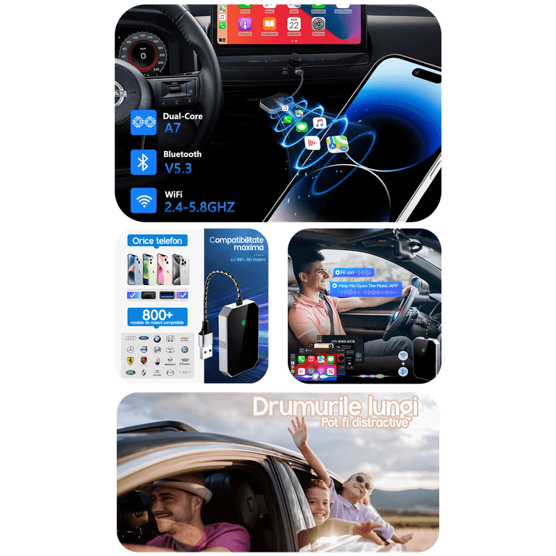 Auto si Moto - Electronice auto - Multimedia auto - Adaptor auto Wireless ATOMKIT, Android 11 si Modul Apple Carplay,2 in 1,Procesor AI, Conectare Automata, WiFi 5Ghz,Negru - Infinity.ro