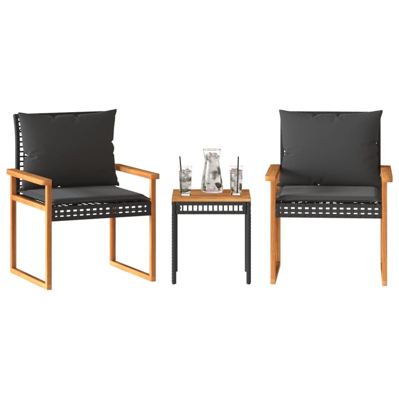 Casa si Gradina - Gradina si terasa - Mobilier exterior - Seturi mobila gradina - Set bistro cu perne, 3 piese, negru, poliratan si lemn acacia - Infinity.ro