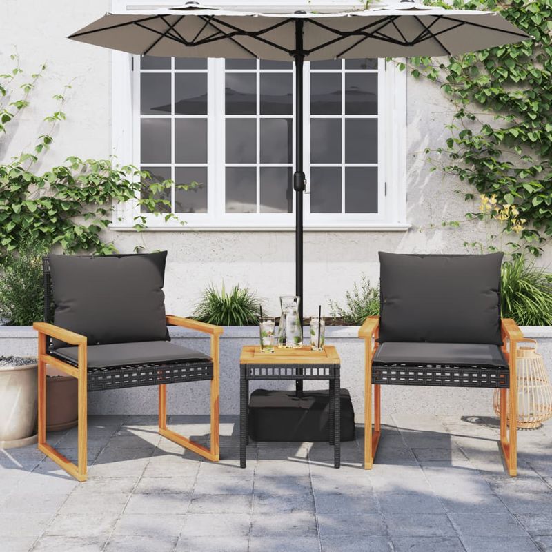 Casa si Gradina - Gradina si terasa - Mobilier exterior - Seturi mobila gradina - Set bistro cu perne, 3 piese, negru, poliratan si lemn acacia - Infinity.ro