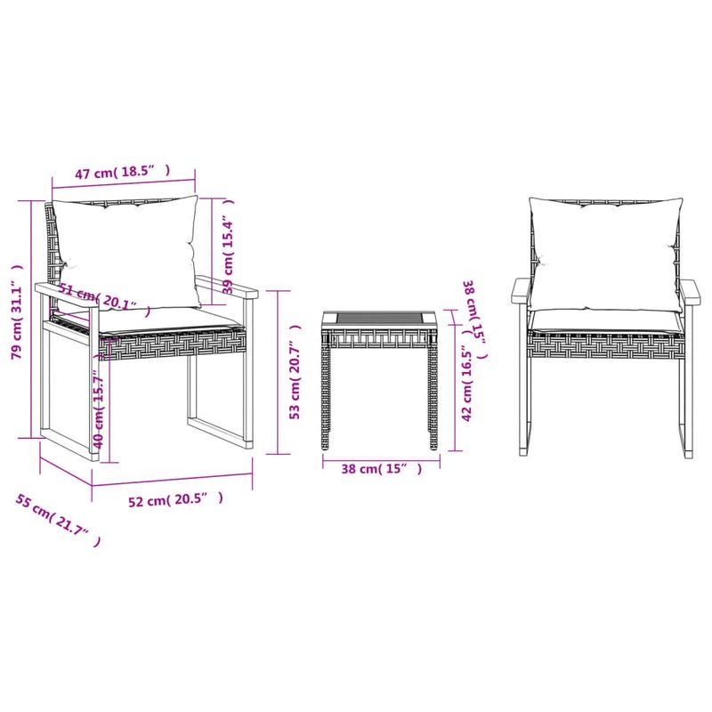 Casa si Gradina - Gradina si terasa - Mobilier exterior - Seturi mobila gradina - Set bistro cu perne, 3 piese, negru, poliratan si lemn acacia - Infinity.ro