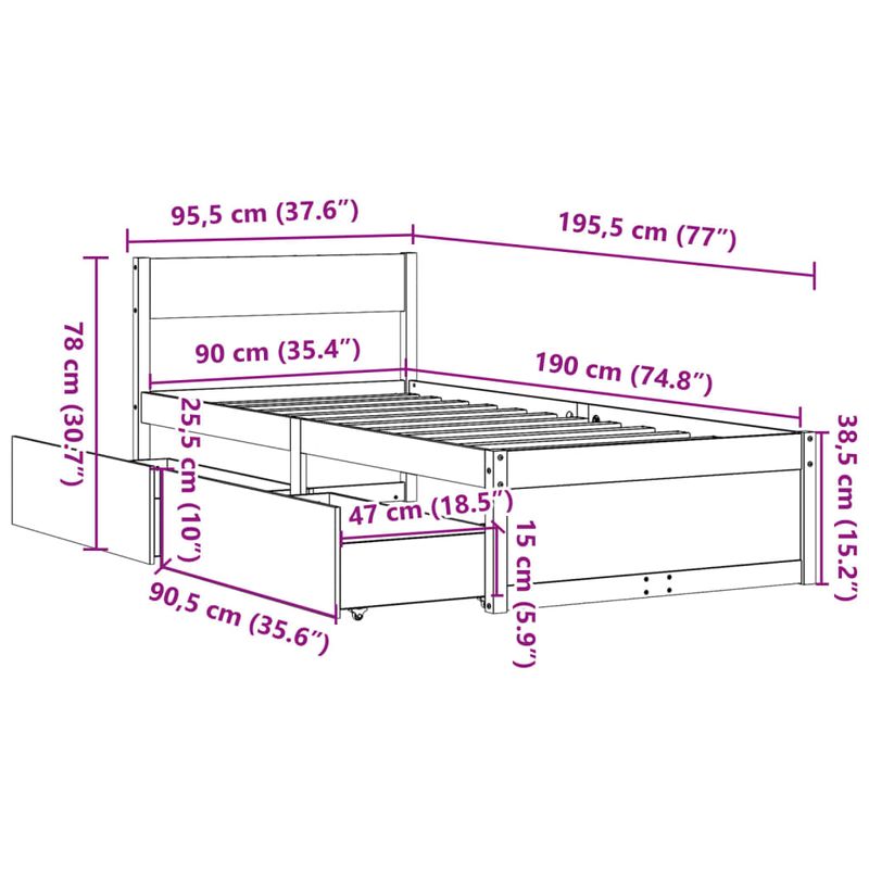 Casa si Gradina - Mobilier - Paturi si accesorii - Paturi - Cadru de pat cu sertare, maro ceruit, 90x190 cm, lemn de pin - Infinity.ro