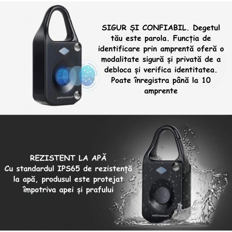 Casa si Gradina - Constructii - Feronerie si accesorii - Lacate - Lacat inteligent cu amprenta si incarcare USB, Mic si practic, Pana la 10 amprente, Deblocare rapida in 0,5 secunde - Infinity.ro