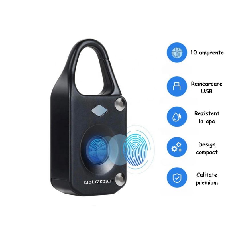 Casa si Gradina - Constructii - Feronerie si accesorii - Lacate - Lacat inteligent cu amprenta si incarcare USB, Mic si practic, Pana la 10 amprente, Deblocare rapida in 0,5 secunde - Infinity.ro