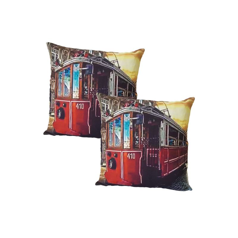 Casa si Gradina - Textile si covoare - Lenjerii de pat - Fete de perna - Set 2 fete de perna, print tramvai pe fundal urban, 43x43 cm, EHA, 28 - Infinity.ro
